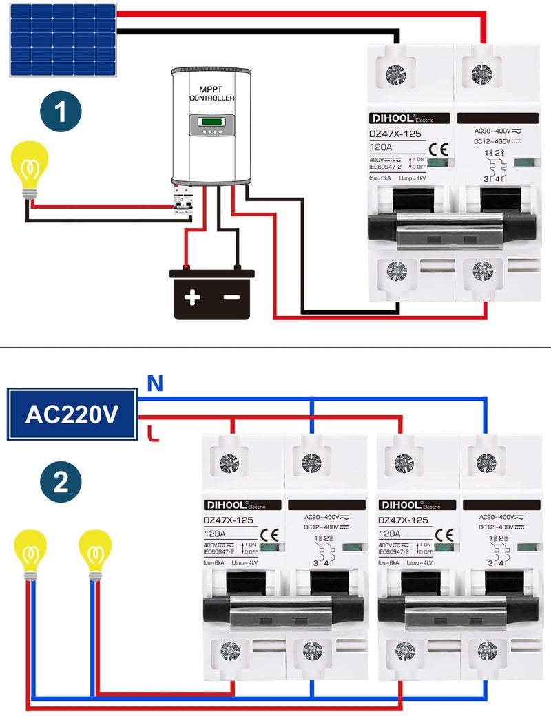 DIHOOL Solar Disconnect Switch, 120 Amp 2 Pole, DIN Rail Mount, Non Polarized, 12V 24V 48V 400V, AC/DC Circuit Breaker, RV Battery Isolator, PV Array MCB, Thermal Magnetic Trip - Image 2